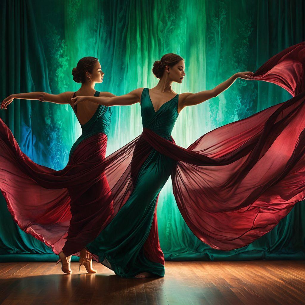 A captivating blend of abstract art and sensuality, featuring elegantly draped fabrics in rich, deep colors against a backdrop of soft glowing lights. Silhouettes of dancers in fluid motion express allure and intimacy, with delicate patterns evoking sensations of touch. The composition balances elegance and raw emotion, drawing the viewer into an intimate atmosphere. surreal style. vibrant colors. soft focus.