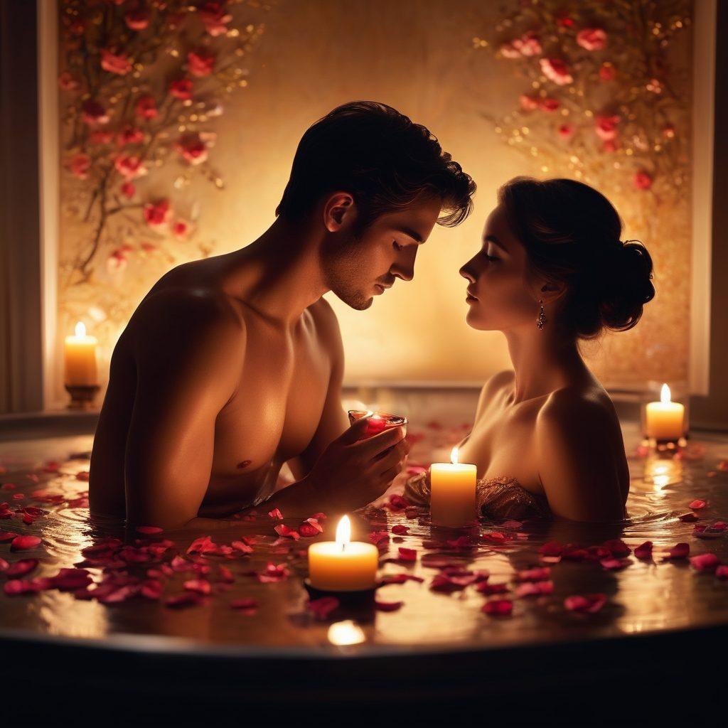 An elegant, intimate setting embodying the essence of sensuality, featuring soft lighting casting gentle shadows on lush fabrics. Silhouette of a couple in an embrace, with elements like delicate rose petals and aromatic candles enhancing the ambiance. The atmosphere should exude allure and mystery, inviting curiosity and exploration. warm tones, rich textures, and subtle hints of gold. super-realistic. vibrant colors.