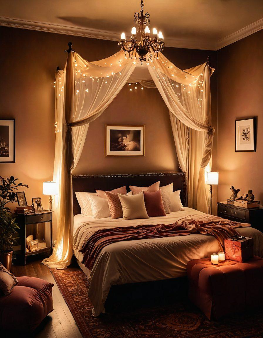 A cozy, dimly-lit room adorned with sensual decor, featuring a plush bed with soft, inviting fabrics and delicate fairy lights. An artistic arrangement of playful adult toys and a half-opened vintage lingerie box, exuding an air of mystery and allure. Silhouettes of elegant, abstract forms lounging in the background, conveying intimacy and passion. The warm color palette creates a seductive atmosphere. super-realistic. vibrant colors. soft focus.